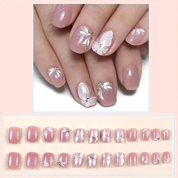 Fake Nails 24 Pink Rhinestone Press On Style Flowers Kit Glam Vacation Reusable - Picture 2 of 5